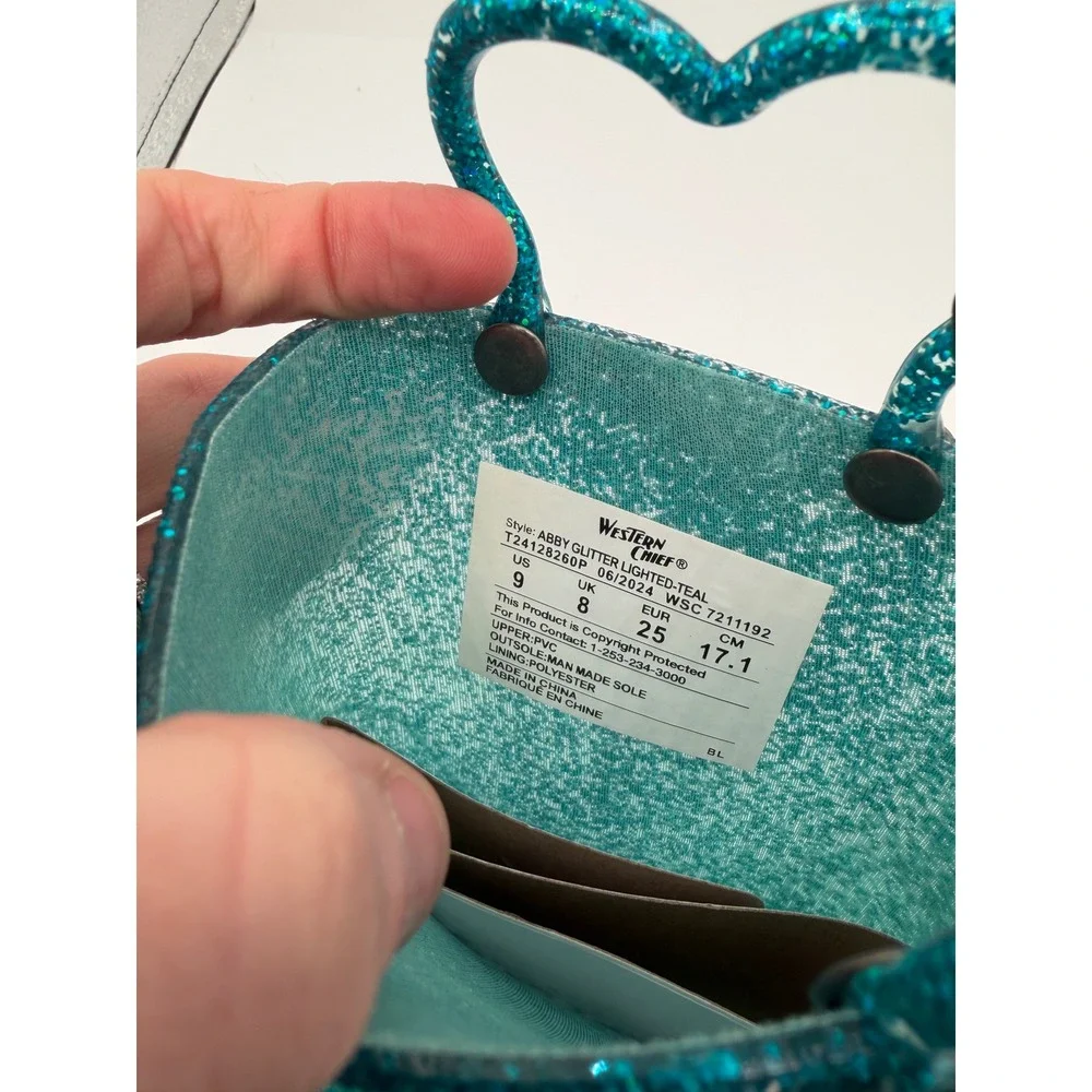Western‎ Chief Abby Glitter Lighted Teal Rain Boots Girls Size 9 Heart Handles
